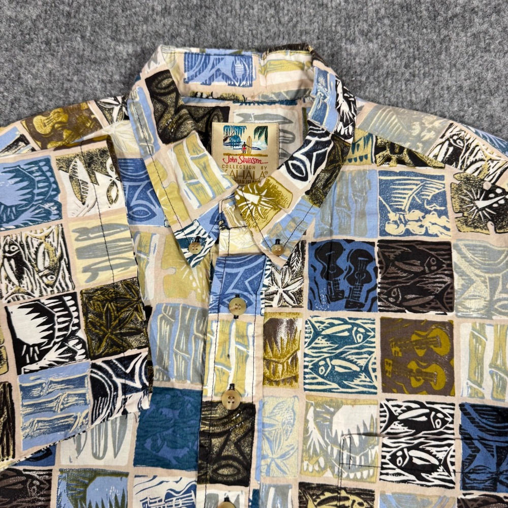 Kahala John Severson Hawaiian Shirt Block Print Mens Size M Blue Cotton EUC